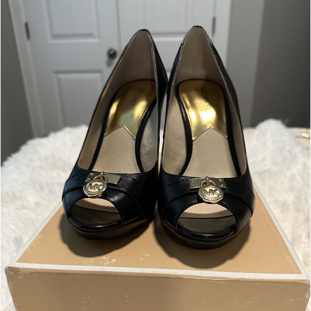 Michael Kors Black Leather Peep-Toe Wedge Heels with Gold MK Charm
